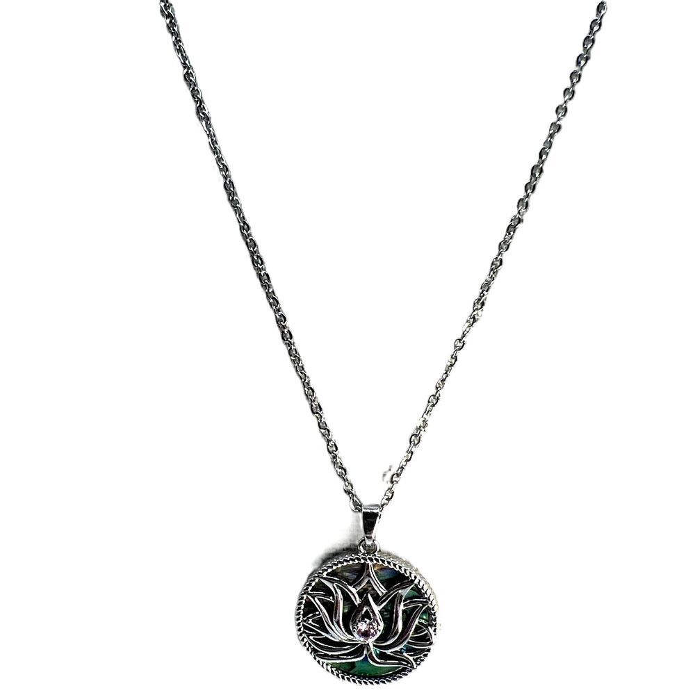NEW Silver Abalone Shell Lotus Flower Round Pendant Necklace Womens - Picture 15 of 15